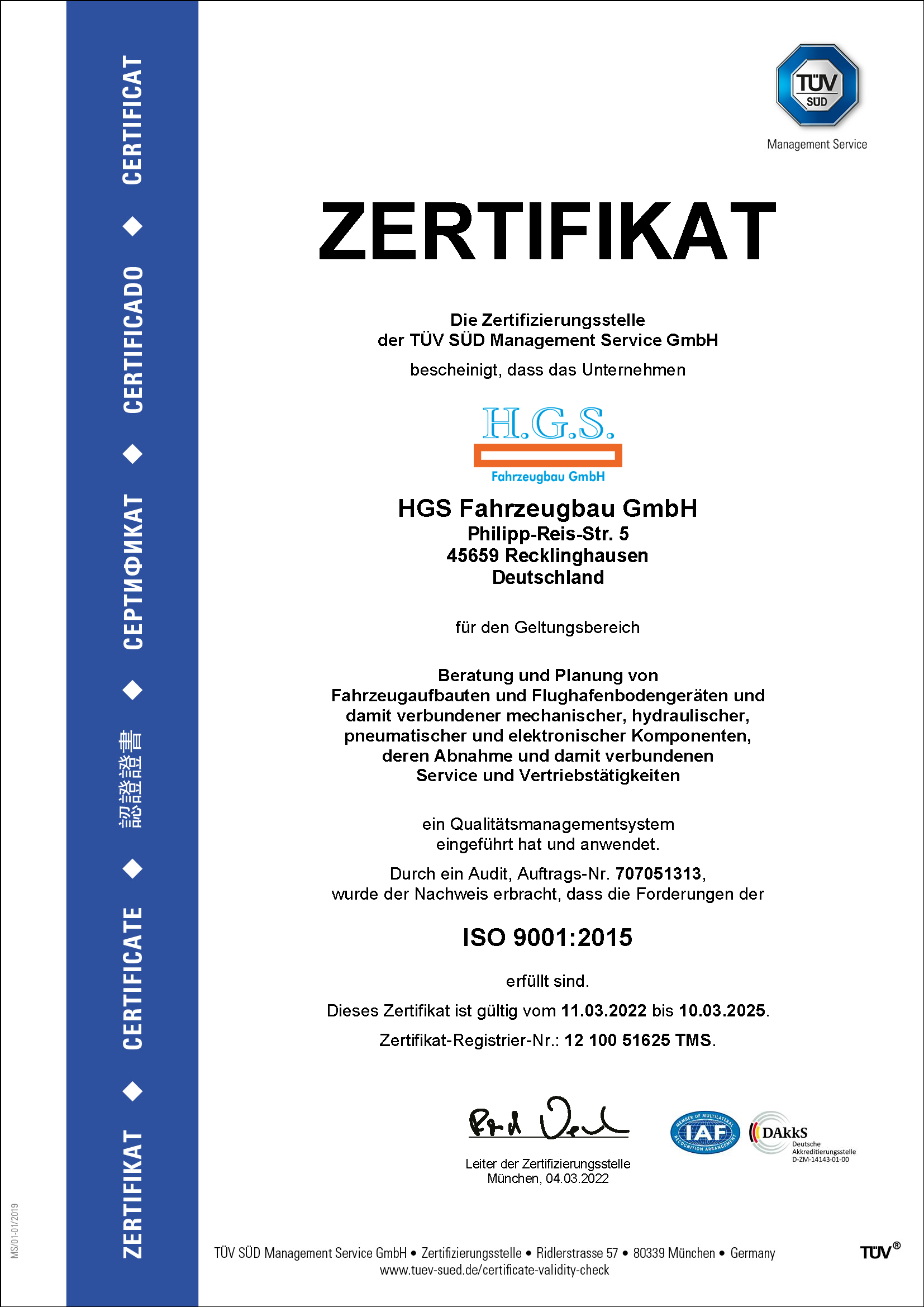 HGS Hydraulik Zertifikat TÜV Nord